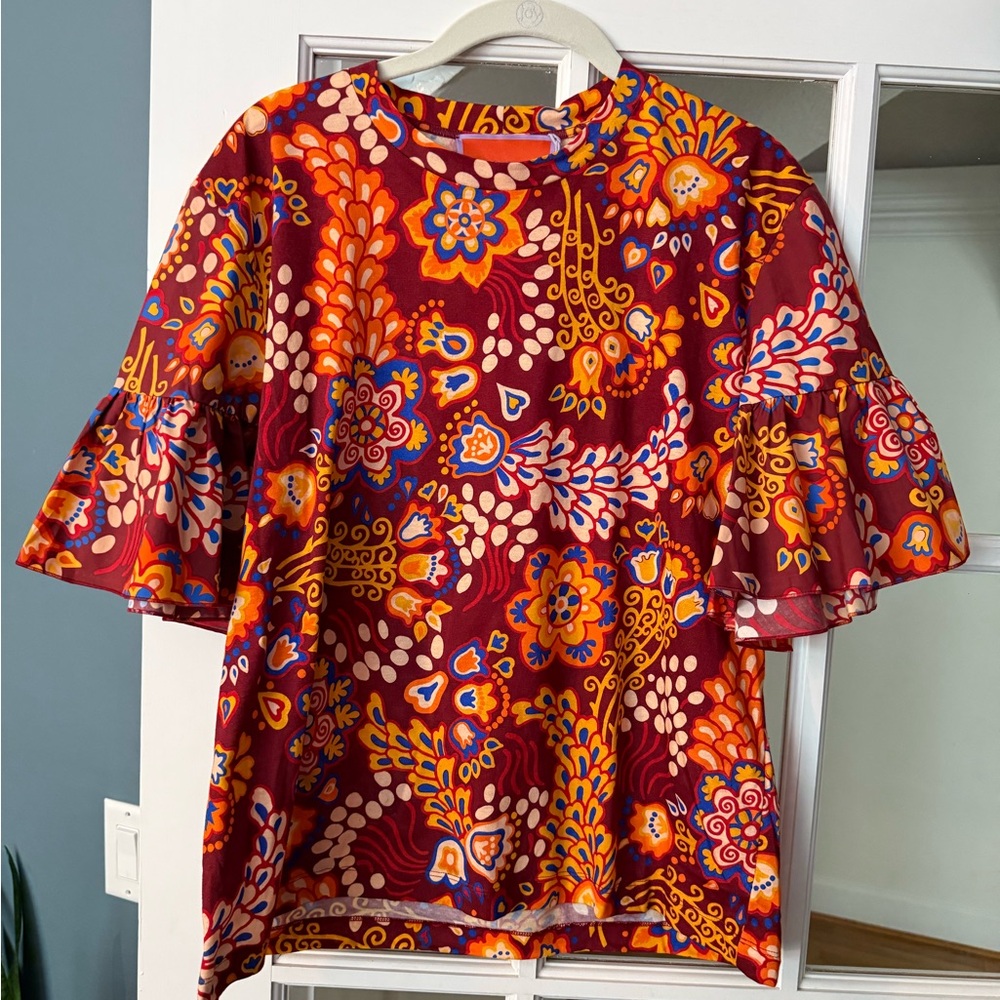 LA DoubleJ NWT Vibrant Cotton Floral Blouse - Red and Orange and Blue
